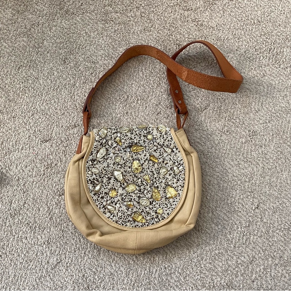 Anthropologie Beige and Brown Embellished Shoulder Bag